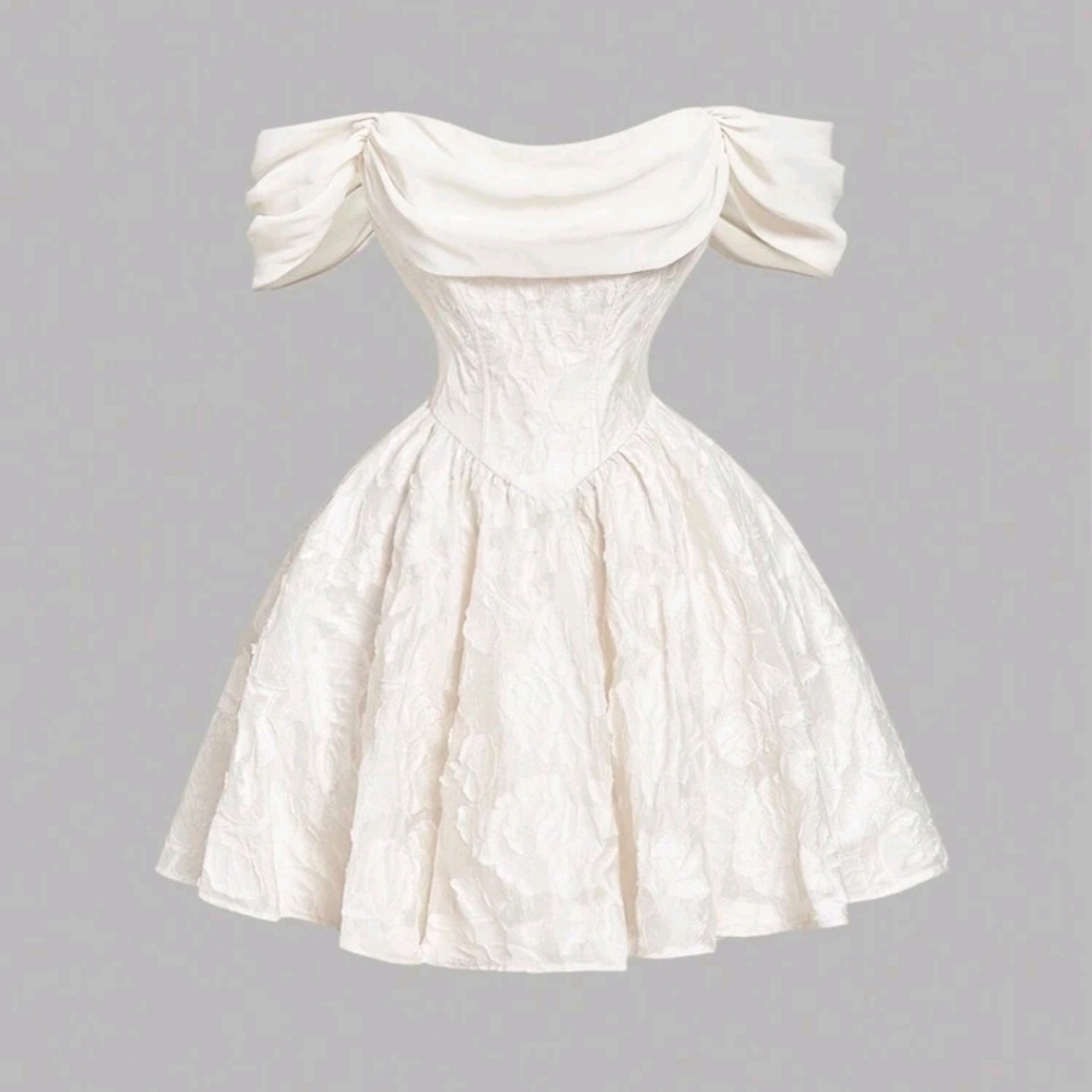 SHEIN MOD Women's Ivory Textured Open Shoulder Short Dress Large NWOT